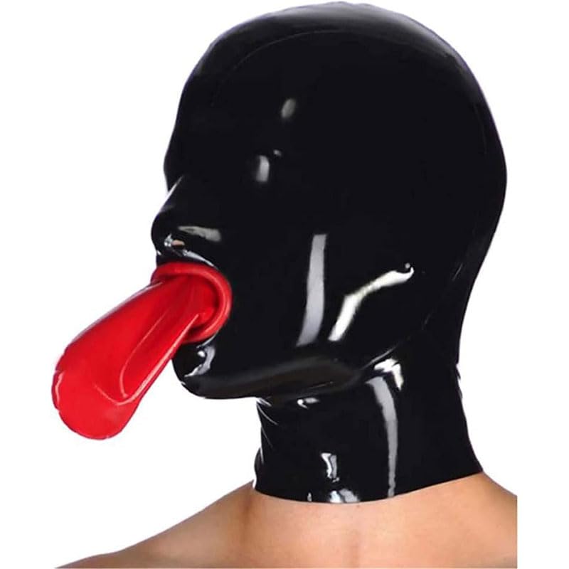 Masque cosplay fétiche cagoule latex noire avec housse de protection rouge