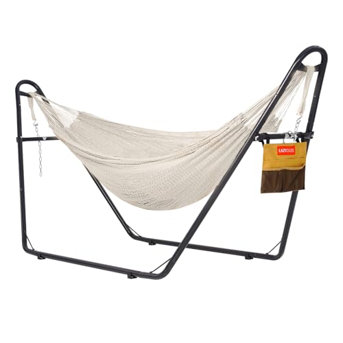 Lazy Daze Hammocks Handwoven Mayan Hammock with Heavy Duty Steel Stand, 10.5 FT Soft Rope Double Hammock for Patio Outside, 550 lbs Weight Capacity, Natural