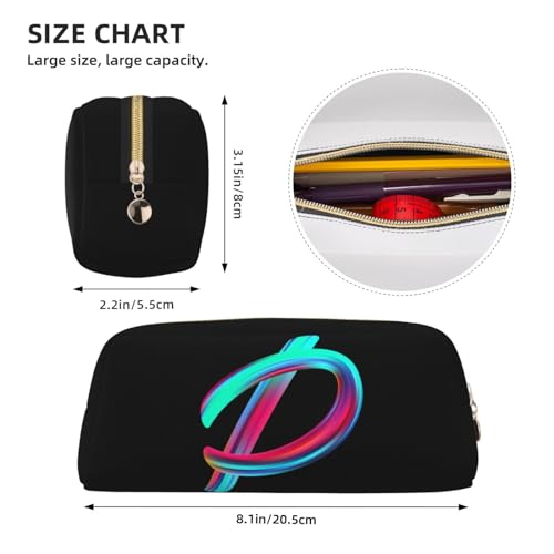 Image of Cute Initial Pencil Case for Kids Simple Leather Pencil Pouch for Boys Girls Letter Design Pencil Box Pen Bag Pencil Pouch Office Stationery Organizer, Rainbow Letter P