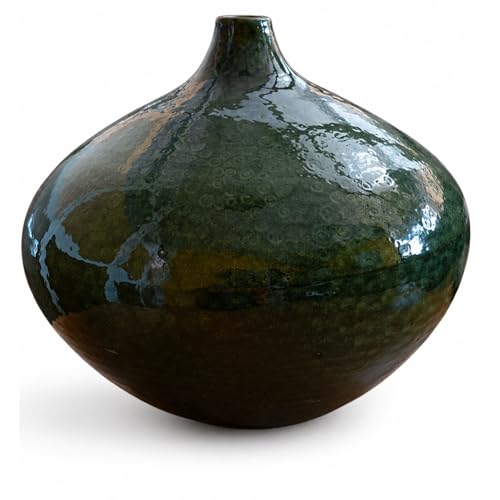 Image of Decorative Vase Ceramic Low Green Glass Bottle – 25 cm High – Wide Vase for Table Centerpiece – Home Decoration Living Room Modern – Ceracor Ceramicas