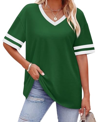 Image of WIHOLL Womens T Shirts Loose Fit Short Sleeve Tees V Neck Color Block Summer Tops 2026 Fashion S-4XL