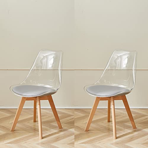 GrandCA HOME 2er Set Esszimmerstühle mit Sitzkissen aus PU-Leder, transparente Beistellstühle für Küche, Esszimmer, Schlafzimmer (Grau/PU) Cover