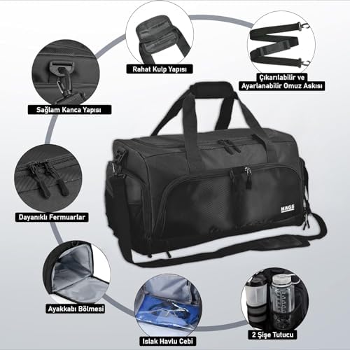 HAEGS Spor Çantası, 10 Cepli, Ayakkabı bölmeli, Su Geçirmez Islak Eşya Keseli, Organizer Tasarımlı Dayanıklı Bay Bayan Seyahat Çantası, Gym, Fitness Çantası - Siyah - Görsel 5