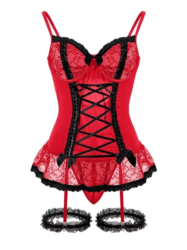 Image of Foxiny Sexy Mesh Corset Ruffle Lace Up Underwire Sheer Garter Belt Babydoll Lingerie Set With Thong 3 Piece Women