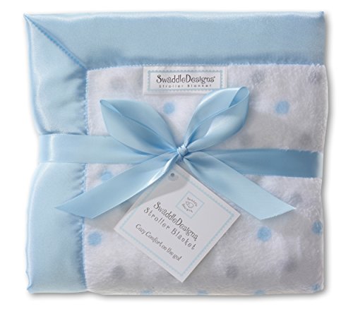 Image of SwaddleDesigns Stroller Blanket, Cozy Plush Baby /Toddler Blanket, 30x40 inches, Pastel Blue & Sterling Dots with Satin Trim