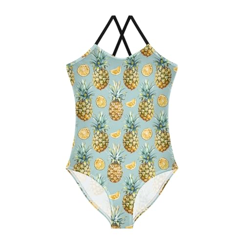 senya Girls Swimsuits One-Piece Swimwear Tie Bathing Suit Beach Summer Round Neck 9-10T Pineapples and Lemon Slices Pattern