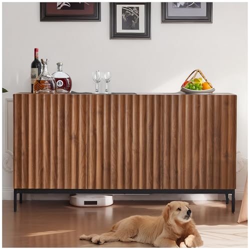 Wyibwy 150x40x80cm, aparador en roble oscuro, mueble decorativo moderno de mediados de siglo, 3 puertas, diseño ondulado, estantes ajustables, elegante mueble contenedor para salón, comedor, oficina