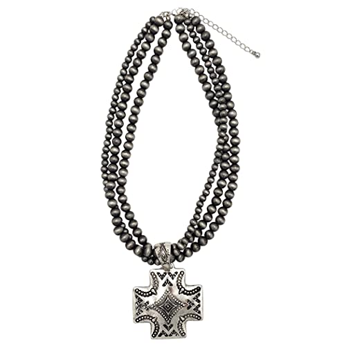 Rosemarie'S Religious Gifts MO-AS6965 Women'S Western Style Cross On Multi Strand Metallic Pearl Bead Necklace And Earrings Set thumb #1