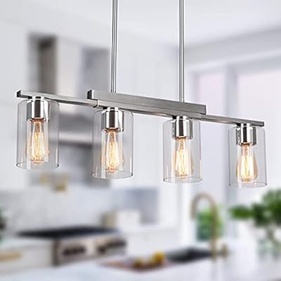 WILON Kitchen Island Lighting, 4-Light Dining Room Light Fixture with Clear Glass Shade Linear Chandelier Brushed Nickel Pendant Lighting for Kitchen Island, Dining Room Light Fixture Over Table