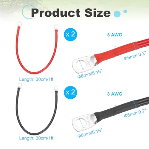 sourcing map 4PCS 8 AWG Battery Cable, 1ft Pure Copper Battery Inverter Cables with 5/16" Ring Terminals for Marine Solar Boat Car RV, Red Black