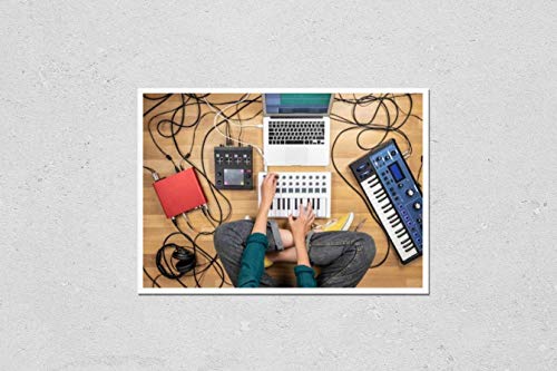 Wall Art Poster Print of Woman Making Electronic Music on Laptop Computer and Digital Instruments. Top View of Young Female Producing Modern Indie Music on Synthesizer and Digital Controllers