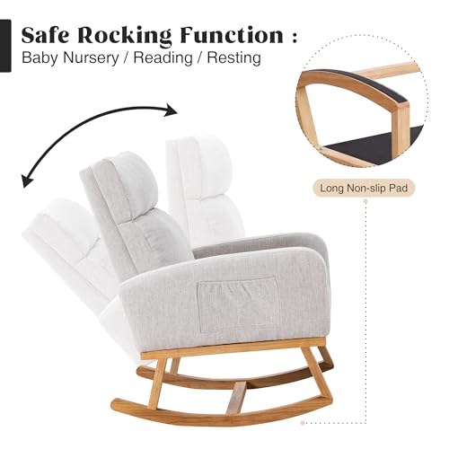 HCHAIRH Rocking Chair Nursery, Glider Rocking Chairs for Nursing, Upholstered Nursery Rocker with Side Pocket and High Back for Living Room Bedroom, Light Gray by HCHAIRH - Image 3
