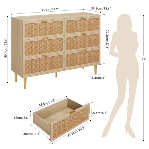 Rattan 6 Drawer Dresser for Bedroom, Large Double Dresser with Deep Drawers, Wooden Chest of Drawers for Closet with Wide Top, for Living Room, Hallway, Kids Room, Natural - Image 3