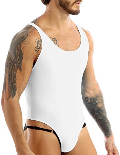 Hularka Men's One-Piece High Cut Thong Bodysuit Wrestling Singlet Leotard Mankini Swimsuit Underwear White Large #TOP2