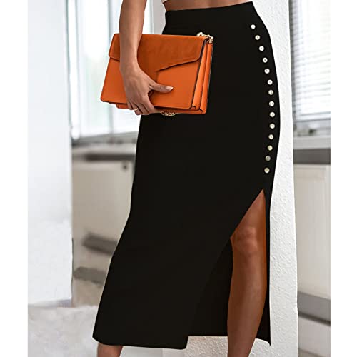 Saia Bodycon, Saia Midi Com Design de BotõEs, Franzido Lateral para Lazer. (L)