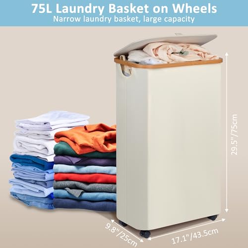 Image of efluky Slim Laundry Basket with Wheels, Tall Rolling Laundry Hamper with Lid and Removable Bag, Aesthetic Dirty Clothes Hamper on Wheels for Laundry Room, Bedroom, Dorm and Bathroom,75L Beige