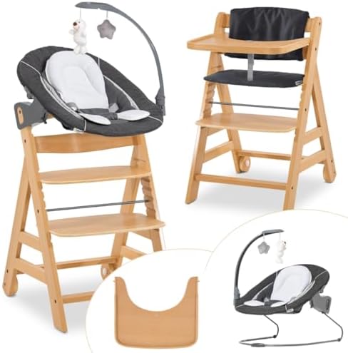 hauck Alpha Move Hochstuhl Newborn Set mit Deluxe Bouncer | Mitwachsender Holz Kinderhochstuhl mit Rollen ab Geburt bis 90 kg | inkl. Neugeborenenaufsatz, Essbrett & Sitzkissen