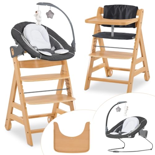 hauck Alpha Move Newborn Set Deluxe - Baby Holz Hochstuhl ab Geburt mit Liegefunktion - inkl. Aufsatz für Neugeborene, Sitzpolster, Essbrett - mitwachsend & verstellbar