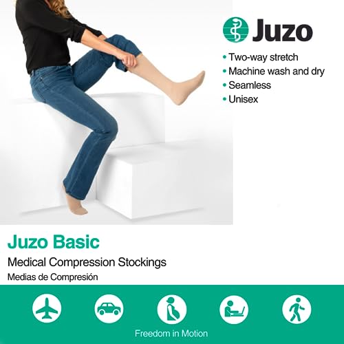 Image of Juzo Basic 20-30 mmHg Compression Stockings, Knee High, Open Toe | Compression Socks for Women / Men for Moderate Varicosities & Edema, Post-Sclerotherapy, Post-Op