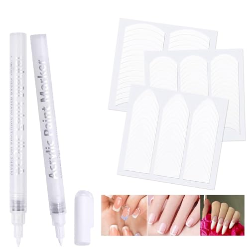 French Manicure Kit, Include 2Pcs French Manicure Pen 0.7mm White Tip Pen and 111 Count French Tip Nail Stickers Strips , Self-Adhesive French Tip Tool for Women at Home DIY Nails Art