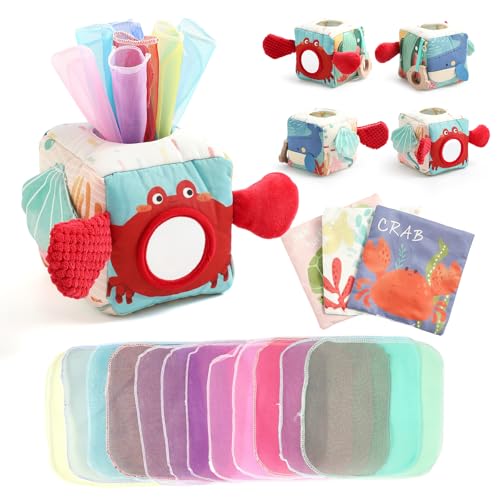 Montessori Boîte à mouchoirs, jouet sensoriel pour bébé de 6 à 12 mois, jouet de motricité, boîte à mouchoirs, pour filles et garçons à partir de 1, 2, 3 ans, jouet éducatif précoce avec miroir
