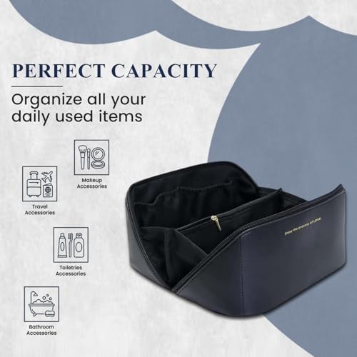 Image of Large Capacity Travel Cosmetic Bag with Handle and Inner Divider | Premium PU Leather Makeup Storage Case | Waterproof Portable Wide Opening Toiletry & Vanity Pouch for Women & Girls (Black)