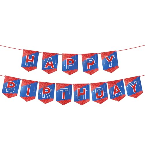 Spider Theme Happy Birthday Banner, Red and Blue Spider Party Decorations Cartoon Movie Baby Shower Bunting Garland Party Decorations Spiderweb Happy Birthday Sign for Boys Kids