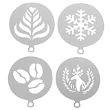 LUOZZY 4pcs Stainless Steel Latte Art Stencils Coffee Powder Shaker Templates for Cappuccino Mousse Cupcake Decorating with Snowflake Deer Flower Bean Designs