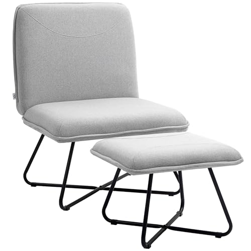 HOMCOM Sillón Relax Sillón de Salón con Reposapiés Butaca para Dormitorio sin Brazos con Patas de Acero en Forma de Cruz para Sala de Estar Gris Claro