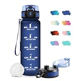 JAPORIA Trinkflasche 1L, BPA-frei, Trinkflasche mit Filter, Auslaufsicher, Wasserflasche mit Zeitmarkierung, Sportflasche für Fitness, Fahrrad, Büro, Outdoor, Yoga, Erwachsene, Schule