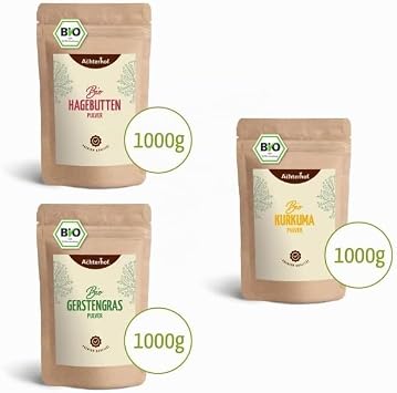 Golden Milk Mixture Organic Set of 3 - Maxi 3 x 1000 g The Storage Package for the Perfect Golden Milk with Turmeric Barley Grass and Rose Hip Powder from Achterhof