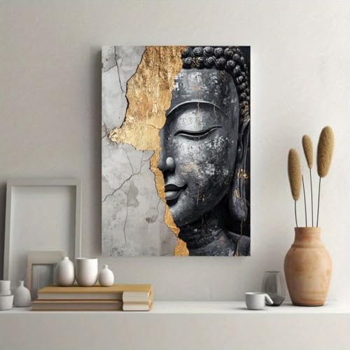 Lienzo moderno de Buda para pared, con textura de pan de oro y piedra agrietada, póster de inspiración zen, imágenes abstractas para el hogar (80 x 120 cm, sin marco)