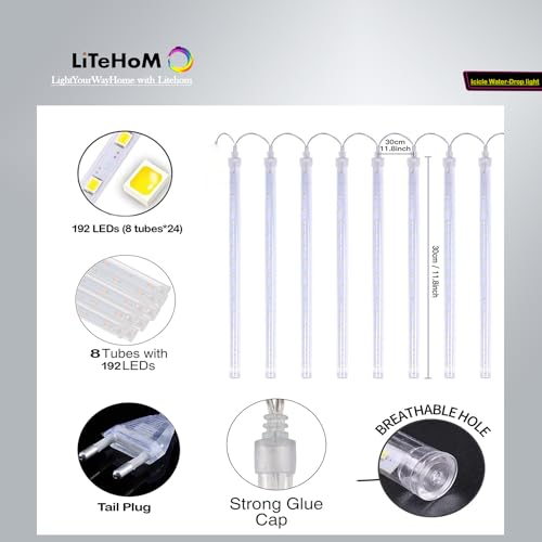 Rain Drop LED Meteor Shower 192 LEDs 8 Tubes (11.8") | Icicle Falling Effect for Diwali, Christmas, New Year, Home & Outdoor Decoration, Balcony, Tree, Party Decor (Cool White)