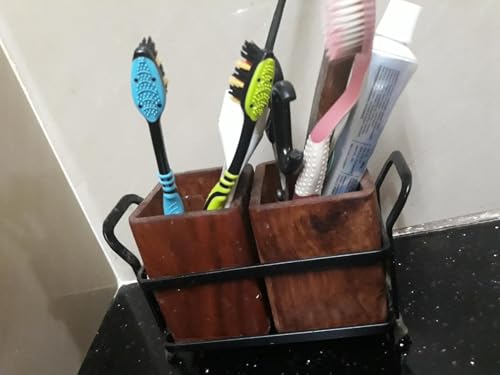 Image of Wooden Cutlery Holder with Metal Stand | Spoon Holder for Kitchen, Fork Organizer for Dining Table, Utensil Holder for Kitchen Counter | Rustic Wood Finish (2 Compartments)