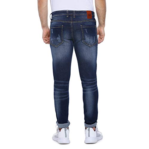 Image of CAHOOT Men' Denim Jeans for Regular Wear Blue Dark Wash Patchwork Slim Fit Jeans Crafted with Comfort Fit and High Performance for Everyday Casual Wear