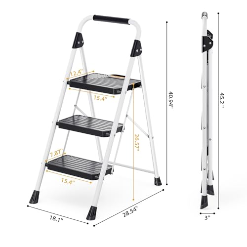 KINGRACK 3 Step Ladder, Folding Step Stool with Comfortable Handrail, Wide Anti-Slip Pedals & Safe-Lock Design, 800lbs Load Capacity, Sturdy Steel Portable Ladder, Perfect for Home and Kitchen, White by KINGRACK - Image 6