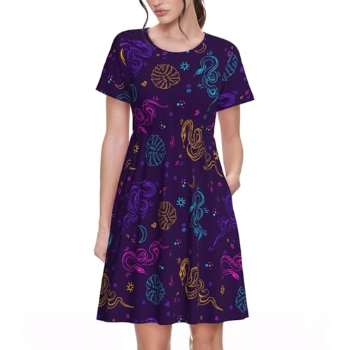 Kuilepa Damen Kleid mit buntem Schlangenprint, kurzärmelig, A-Linie, Freizeitkleid mit Taschen, Schwarz, Mittel
