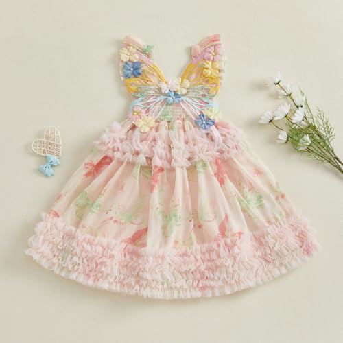 Toddler Baby Girls Dress Butterfly Print Fly Sleeve Frills Casual Dress Kids Fashion Summer Dress3
