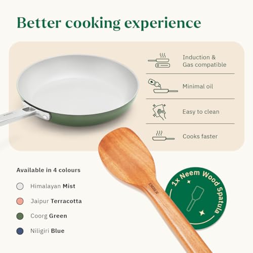 Image of Ember Cookware Arcilla Ceramic Frying Pan 24cm | Non Stick Induction Cookware | Non Toxic Pan | ISI Certified | Ceramic Fry Pan for Cooking | Steel Handle | 5-Year Warranty | Green