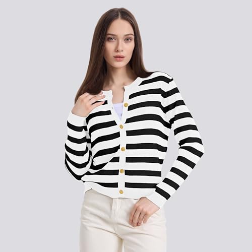 Image of Women's Striped Cardigan Sweaters Lady Jackets Open Front Button Down Cropped Knit Coat Oufits Trendy Outerwear