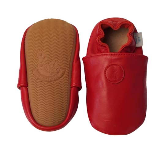 Image of Dotty Fish Baby & Child Barefoot Leather Shoes with Rubber Soles. Lightweight, Flexible, Non-Slip First Walker Shoes, Elasticated Ankles, British Brand. Boys & Girls - Plain Red 18-24 Months