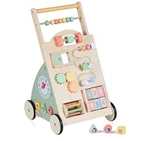 COSTWAY Wooden Baby Walker, 10 in 1 Toddler Push Along Toy with Activity Center, Mirror & Storage Basket, Boys Girls Sit to Stand Learning Walkers for 1+ Year Old