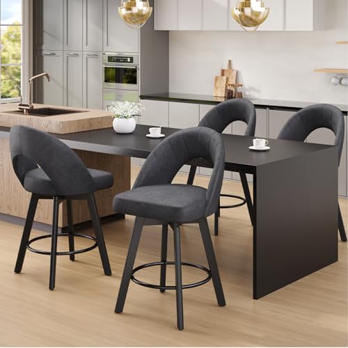 Image of YaFiti 24 inch Counter Height Swivel Bar Stools Set of 3, PU Leather Counter Bar Stools with Curved Back, Solid Wood Legs for Kitchen Island, Charcoal Grey