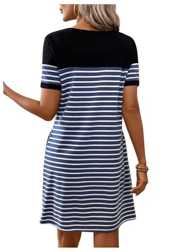 Women's Casual Summer Dresses 2025 Short Sleeve Crewneck Striped Button Front Mini Tshirt Dress with Pockets2