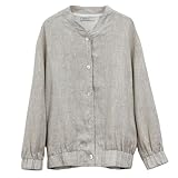 Amazhiyu Womens Linen Button Down Bomber Jacket Long Sleeve Casual Coat for Fall Flax, Small