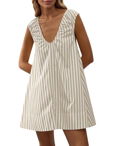 Image of Women Summer Sleeveless Babydoll Mini Dress Scoop Neck Loose Fit Tank Dresses Party Ruched Short Dress with Pockets