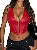 Avanova Women Leather Halter Corset Bustier Tops Sexy Going Out Crop Tank Tops Red Medium