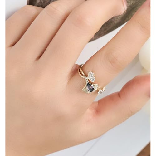 Kokoma Ginkgo Leaves Statement Ring for Women Adjustable CZ Crystal Wrap Finger Ring Promise Engagement Eternity Rings Wedding Band3