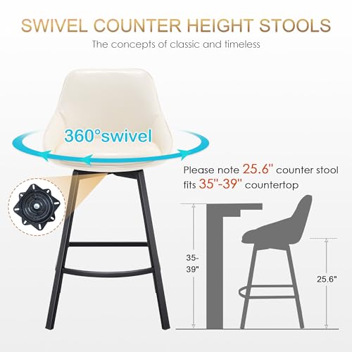 Image of Zesthouse Swivel Counter Height Stools Set of 2, Modern Upholstered Barstools with Backs, 26'' Faux Leather High Chairs for Island Kitchen, Counter Height Chairs with Metal Legs, White
