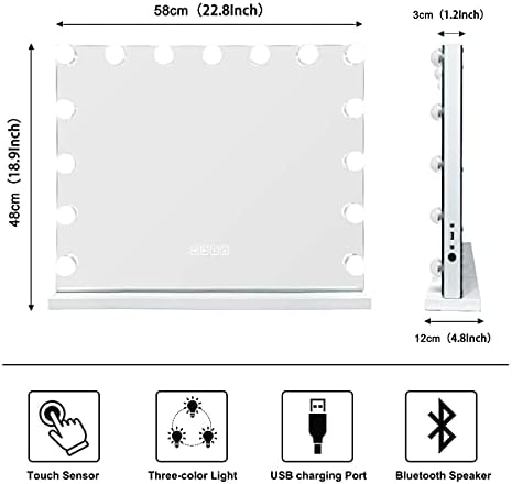 HANSONG Bluetooth Hollywood Vanity Mirror with Lights 15 Dimmable LED Bulbs Makeup Mirror with Lights USB Charging Large Vanity Mirror with Touchscreen Control for Bedroom